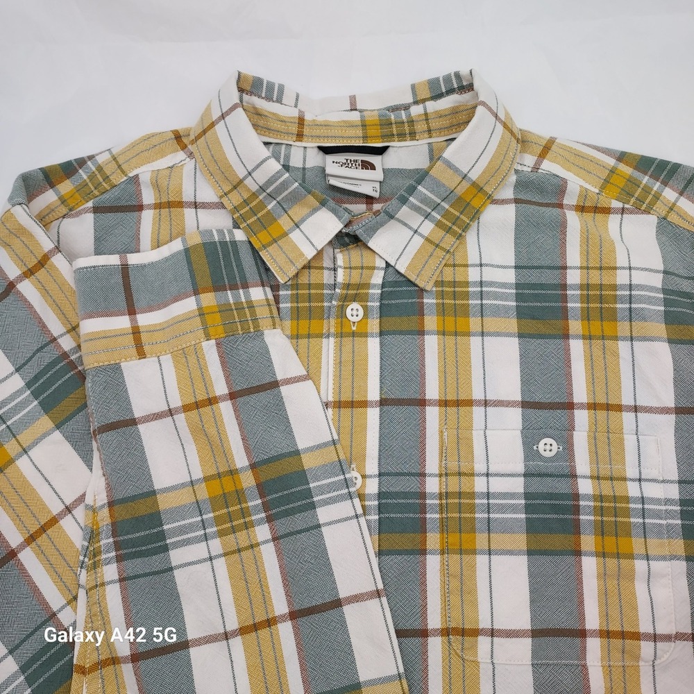 The North Face Mens XL Plaid Button Down Shirt Yellow Green Cotton Long Sleeve